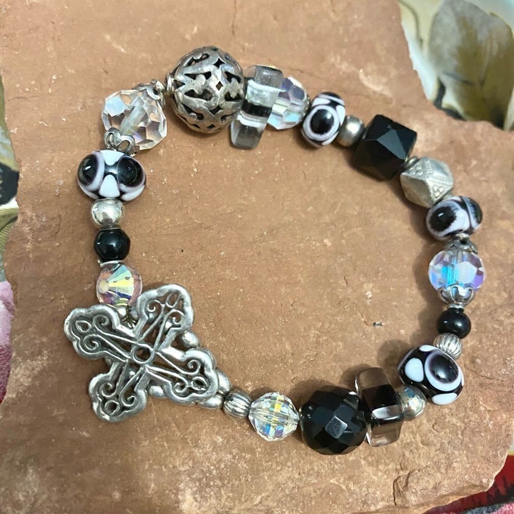 Bracelet beads sterling silver vintage crystals and finding & button close